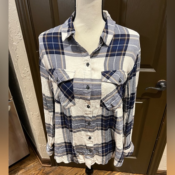 Sanctuary Blue and White Plaid Flannel Button Down Medium - Picture 2 of 6